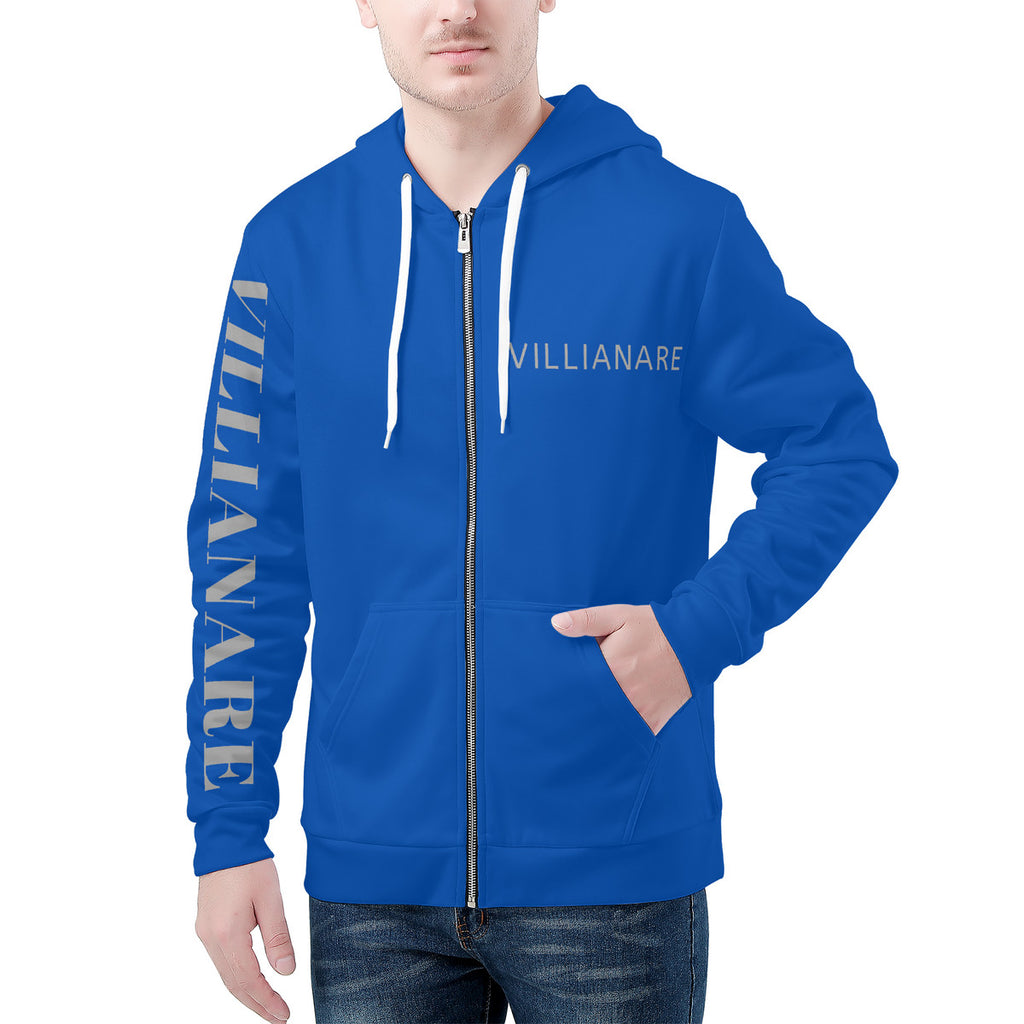 Villianare  Men's Blue And Grey All Over Print Zip Hoodie