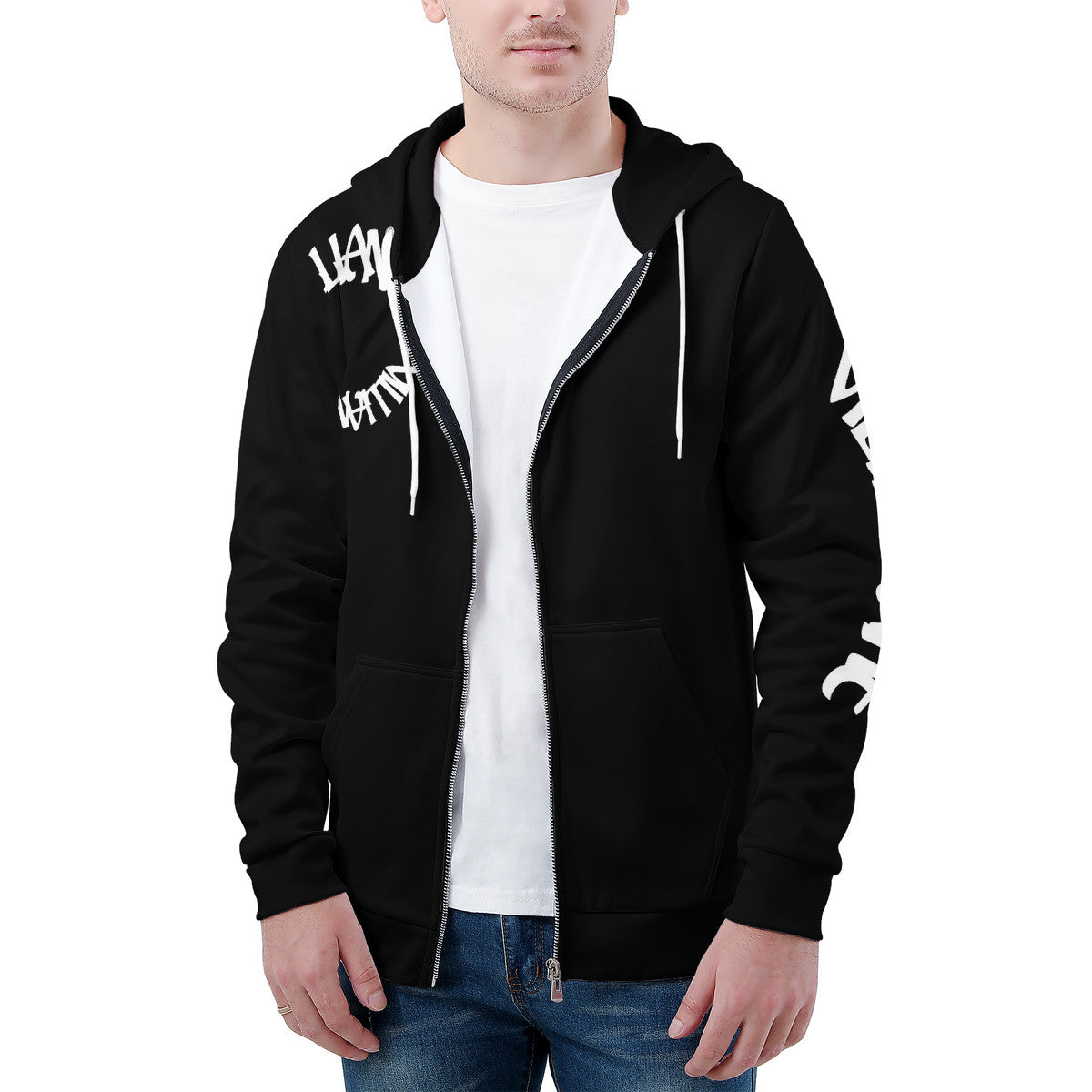 VILLIANARE  Men'sBLACK AND WHITE ALADIN PRINT  All Over Print Zip Hoodie