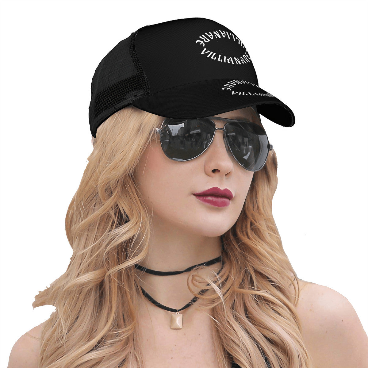 VILLIANARE BLACK WHITE LETTER Curved Brim Mesh Baseball Cap
