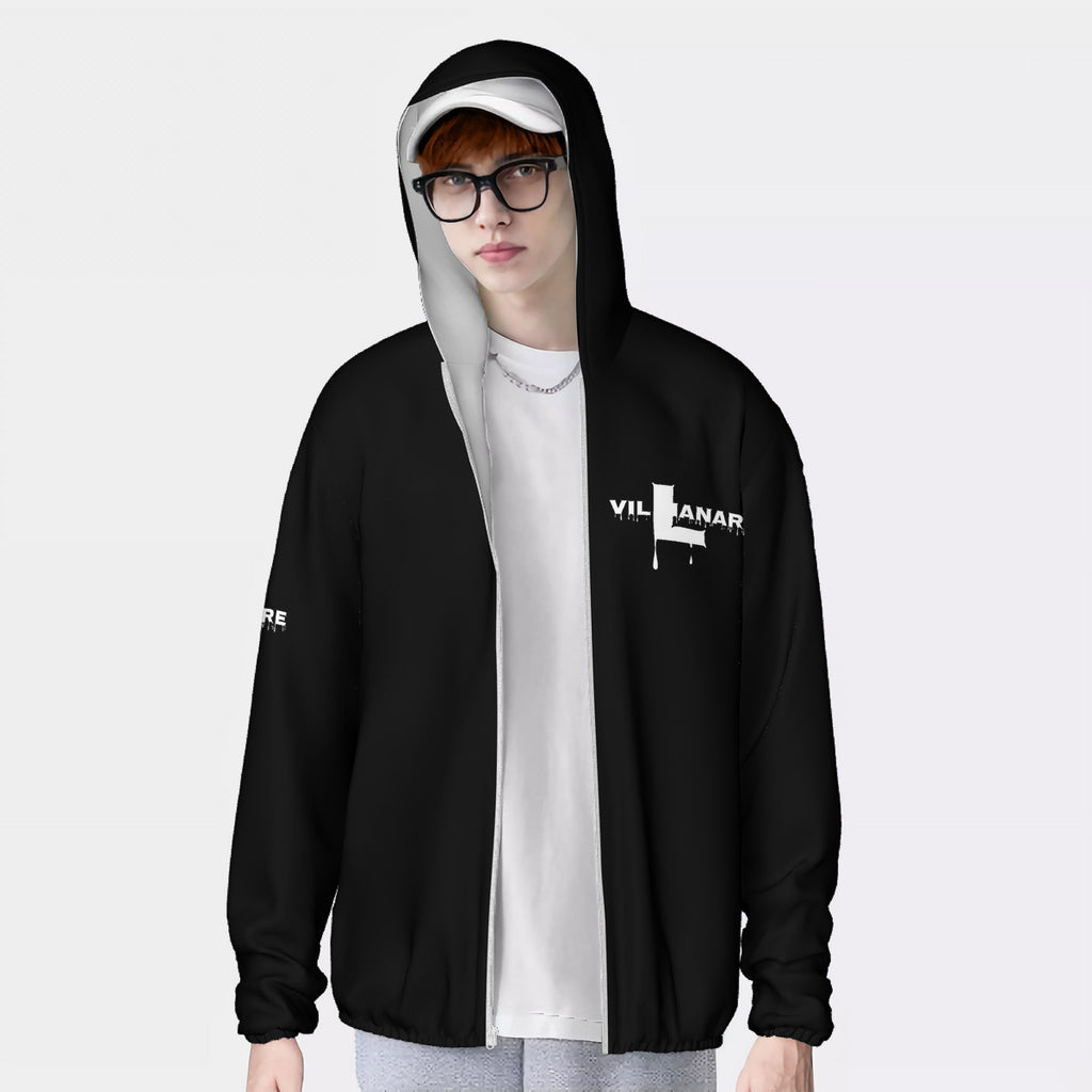 HC_F1 Sun ProtectiveVillianarer Black White Letter  Lightweight Zipper Hoodie