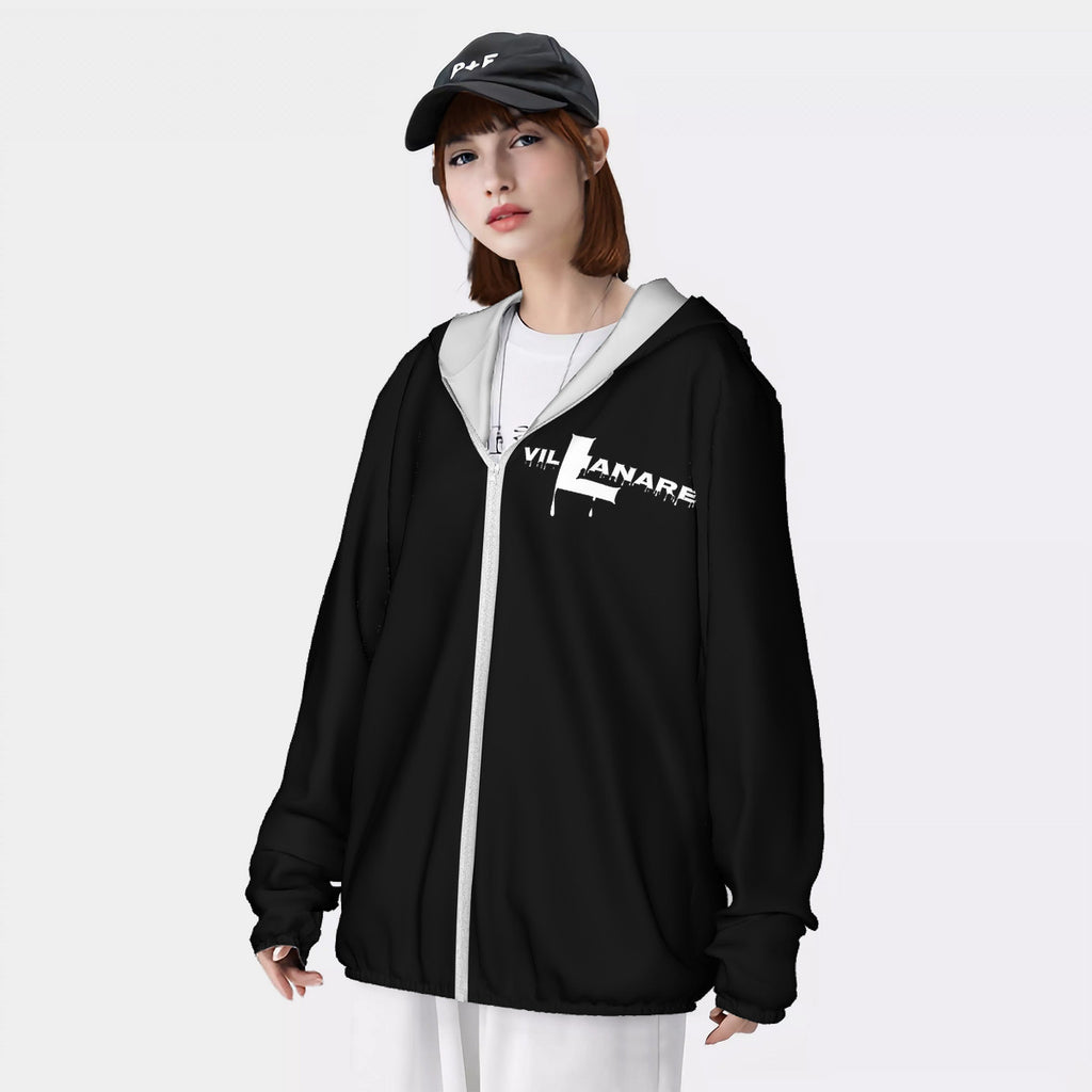HC_F1 Sun ProtectiveVillianarer Black White Letter  Lightweight Zipper Hoodie