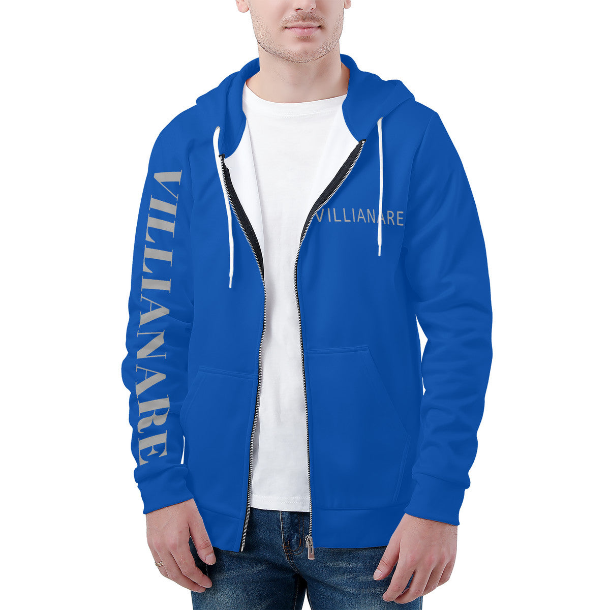 Villianare  Men's Blue And Grey All Over Print Zip Hoodie