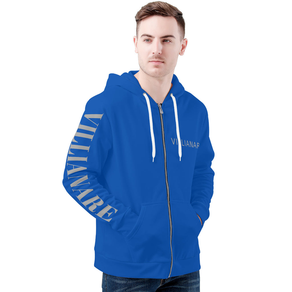 Villianare  Men's Blue And Grey All Over Print Zip Hoodie