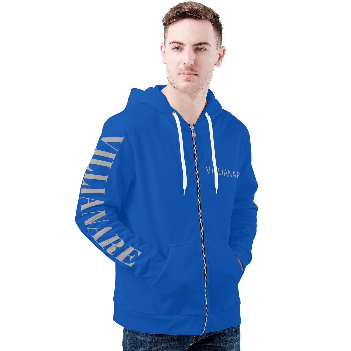 Villianare  Men's Blue And Grey All Over Print Zip Hoodie